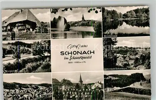 AK / Ansichtskarte Schonach_Schwarzwald Altes Bauernhaus Blindensee Kurgarten Schwimmbad  Schonach Schwarzwald