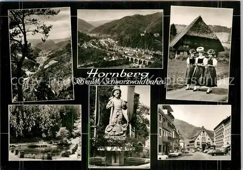 AK / Ansichtskarte Hornberg_Schwarzwald Panorama Brunnen Stadtansicht Schwarzwaldtracht Hornberg Schwarzwald