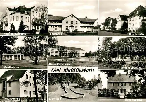 AK / Ansichtskarte Bad_Waldliesborn Badehaus Hauptstrasse Kurhaus Lindenhof Haus Hubertus Minigolg Haus Ackfeld Quellenhaus Bad_Waldliesborn