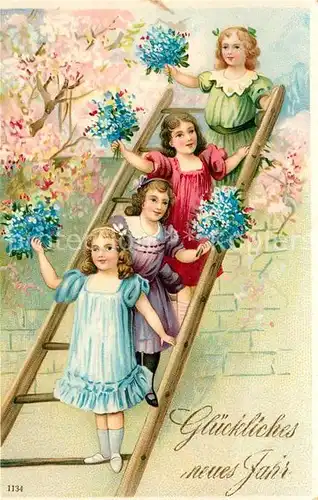 AK / Ansichtskarte Neujahr Maedchen Blumen Leiter Litho Neujahr