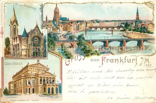 AK / Ansichtskarte Frankfurt_Main Peterskirche Stadtpanorama Mainbruecken Dom Opernhaus Litho Frankfurt Main