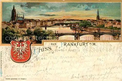 AK / Ansichtskarte Frankfurt_Main Stadtpanorama mit Mainbruecken Dom Wappen Kuenstlerkarte Frankfurt Main
