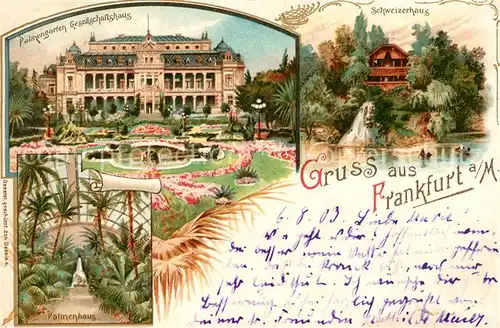 AK / Ansichtskarte Frankfurt_Main Palmengarten Gesellschaftshaus Palmenhaus Schweizerhaus Kuenstlerkarte Frankfurt Main