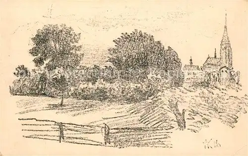 AK / Ansichtskarte Plzen_Pilsen Blick zur Kirche Zeichnung Kuenstlerkarte Plzen Pilsen