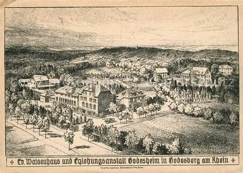 AK / Ansichtskarte Bad_Godesberg Evangelisches Waisenhaus und Erziehungsanstalt Godesheim Zeichnung Kuenstlerkarte Bad_Godesberg