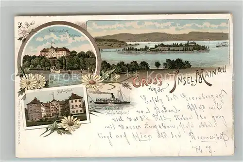 AK / Ansichtskarte Insel_Mainau Panorama Landungsplatz Schloss Schlosshof Dampfschiff Kaiser Wilhelm Litho Insel Mainau