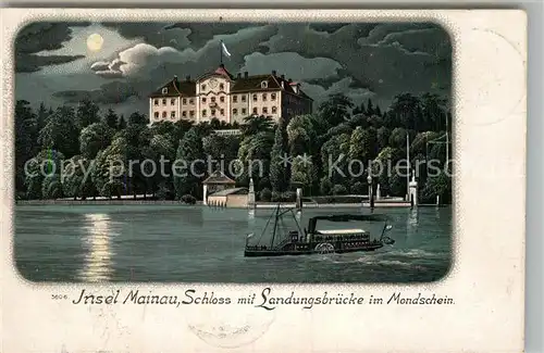AK / Ansichtskarte Insel_Mainau Schloss Landungsbruecke im Mondschein Litho Insel Mainau