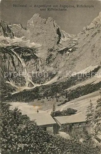 AK / Ansichtskarte Hoellental_Wetterstein Angerhuette mit Zugspitze Riffelkoepfe un Riffelscharte Hoellental_Wetterstein
