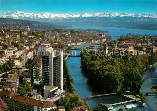 AK / Ansichtskarte Zuerich_ZH Fliegeraufnahme mit Hotel Zuerich Limmat Sihl Glarner Alpen Zuerich_ZH