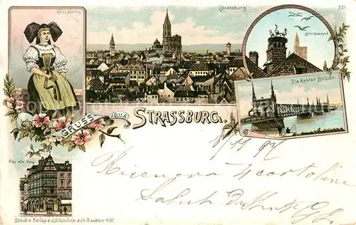 AK / Ansichtskarte Strassburg_Elsass Elsaesser Trachten Altes Haus Muensterplatz Stadtbild mit Muenster Storchennest Kehler Bruecke Rhein Litho Deutsche Reichspost Strassburg Elsass