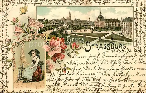 AK / Ansichtskarte Strassburg_Elsass Stadtpanorama Park Trachten Spinnrad Litho Strassburg Elsass