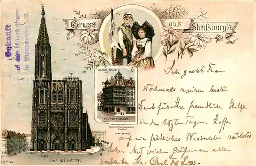 AK / Ansichtskarte Strassburg_Elsass Muenster Altes Haus Muensterplatz Trachten Litho Deutsche Reichspost Strassburg Elsass