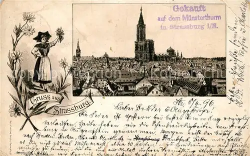 AK / Ansichtskarte Strassburg_Elsass Stadtpanorama mit Muenster Trachten Litho Deutsche Reichspost Strassburg Elsass