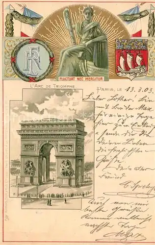 AK / Ansichtskarte Paris Arc de Triomphe Statue Fluctuat nec Mergitur Wappen Kuenstlerkarte Paris