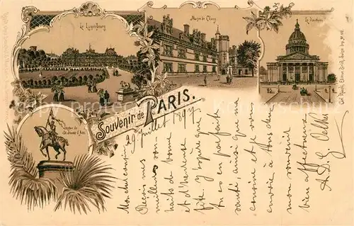 AK / Ansichtskarte Paris Jardin du Luxembourg Musee Cluny Le Pantheon Statue de Jeanne dArc Litho Paris