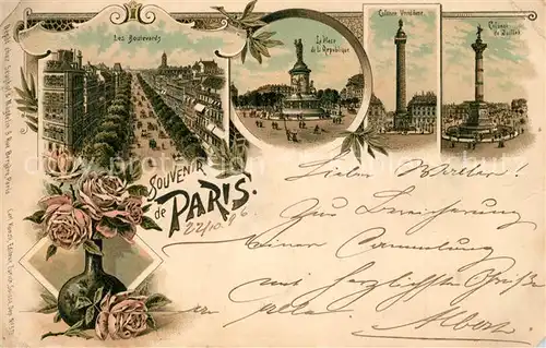 AK / Ansichtskarte Paris Les Boulevards Place de la Republique Monument Colonne Vendome Colonne de Juillet des fleurs Litho Paris
