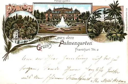 AK / Ansichtskarte Frankfurt_Main Palmengarten Gesellschaftshaus Wasserfall Palmenhaus Litho Deutsche Reichspost Frankfurt Main
