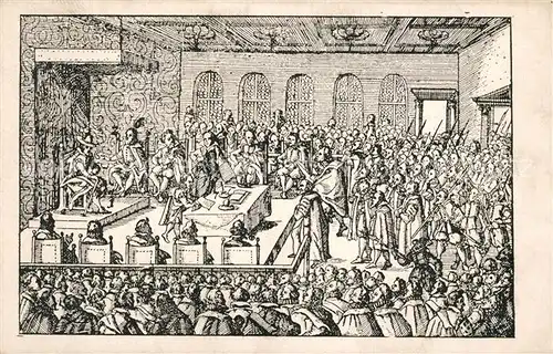 AK / Ansichtskarte Praha_Prahy_Prague Soudni tribunal nad ceskymi pany Gerichtshof Gerichtsverhandlung Zeichnung Kuenstlerkarte Praha_Prahy_Prague