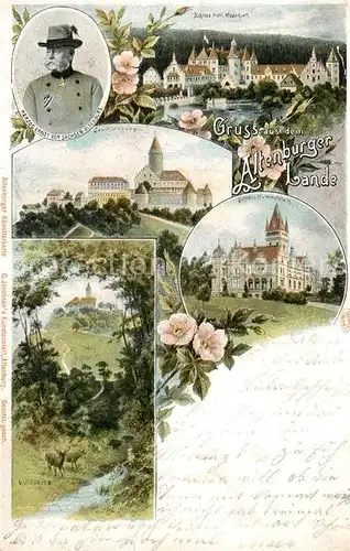 AK / Ansichtskarte Altenburg_Thueringen Herzog Ernst von Sachsen Altenburg Schloss Leuchtenburg Schloss Hummelshain Waldpartie Wild Litho Altenburg Thueringen