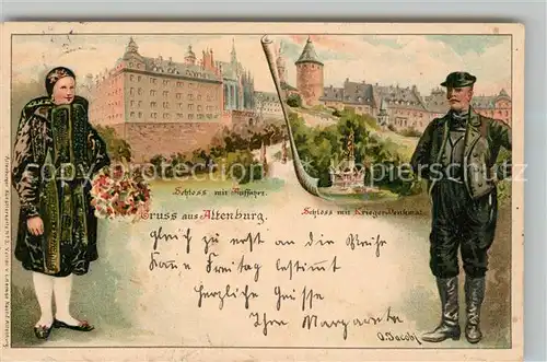 AK / Ansichtskarte Altenburg_Thueringen Schloss Kriegerdenkmal Altenburger Trachten Kuenstlerkarte Altenburg Thueringen