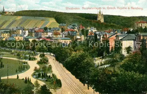 AK / Ansichtskarte Wiesbaden Neortalanlagen mit Griech Kapelle und Neroberg Wiesbaden