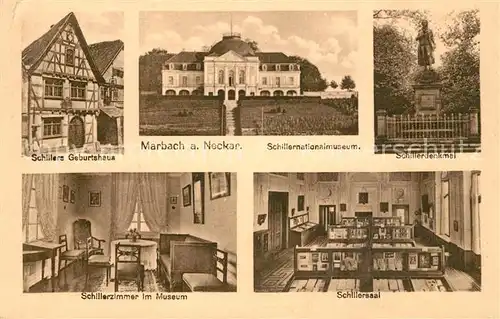 AK / Ansichtskarte Marbach_Neckar Schillers Geburtshaus Schillernationalmuseum Schillerdenkmal Schillerzimmer Schillersaal Marbach Neckar