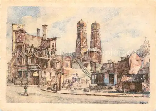 AK / Ansichtskarte Muenchen Herzog Maxburg zerstoert 1944 mit den Tuermen der zerstoerten Frauenkirche Kuenstlerkarte Muenchen