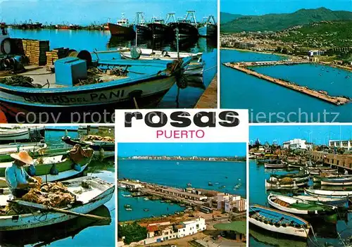 AK / Ansichtskarte Rosas_Costa_Brava_Cataluna Fliegeraufnahme Hafen Fischerboote Rosas_Costa