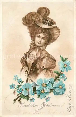 AK / Ansichtskarte Neujahr Frau Hutmode Vergissmeinnicht Litho  Neujahr
