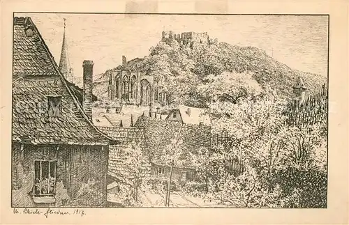 AK / Ansichtskarte Bacharach_Rhein Wernerkapelle und Ruine Stahleck Federzeichnung Bacharach Rhein