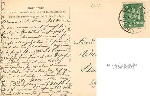 AK / Ansichtskarte Bacharach_Rhein Wernerkapelle und Ruine Stahleck Federzeichnung Bacharach Rhein
