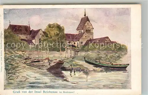 AK / Ansichtskarte Insel_Reichenau_Bodensee Boote und Kirche Gemaelde 
