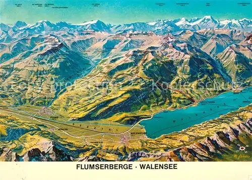 AK / Ansichtskarte Flumserberge Panoramakarte mit Walensee Flumserberge