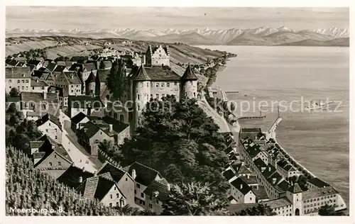 AK / Ansichtskarte Meersburg_Bodensee Panorama Blick zum Schloss Alpenkette Kuenstlerkarte Bromsilber Meersburg Bodensee