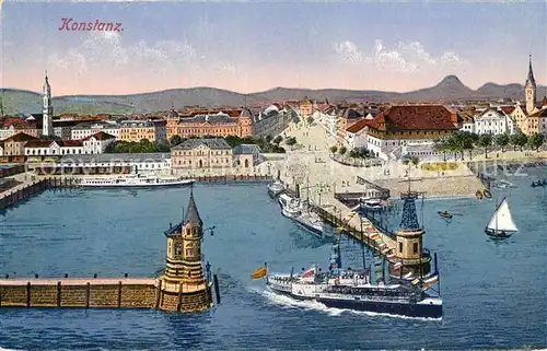 AK / Ansichtskarte Konstanz_Bodensee Hafeneinfahrt Dampfer aus der Vogelperspektive Kuenstlerkarte Konstanz_Bodensee