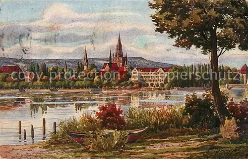 AK / Ansichtskarte Konstanz_Bodensee Uferpartie am See Blick zur Altstadt mit Muenster Marschall Kuenstlerkarte Konstanz_Bodensee