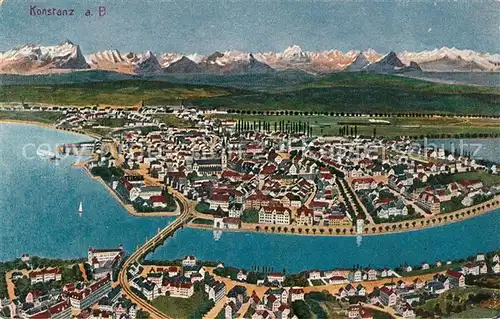 AK / Ansichtskarte Konstanz_Bodensee aus der Vogelperspektive Alpenkette Kuenstlerkarte Konstanz_Bodensee