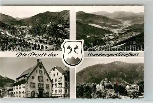 AK / Ansichtskarte Hornberg_Schwarzwald Panorama Viadukt Innenstadt Schloss Wappen Fliegeraufnahme Bromsilber Hornberg Schwarzwald