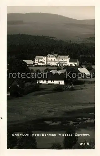 AK / Ansichtskarte Babylon_Babilon Hotel Bohman v pozadi Cerchov Babylon Babilon