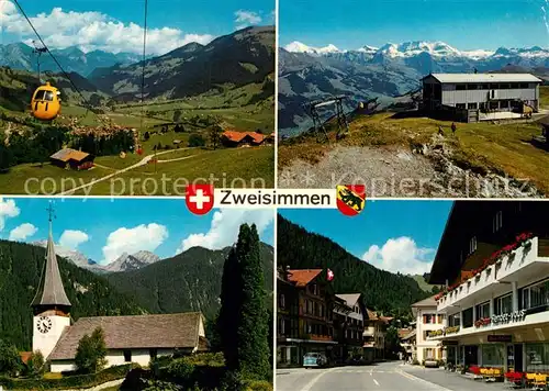 AK / Ansichtskarte Zweisimmen Gondelbahn Bergstation Rinderberg Kirche Dorfansicht Zweisimmen