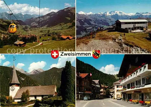 AK / Ansichtskarte Zweisimmen Gondelbahn Rinderberg Kirche Bergstation Rinderberg Dorfansicht Zweisimmen