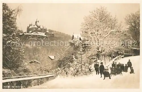 AK / Ansichtskarte Wernigerode_Harz Schloss Winterlandschaft Rodeln Wernigerode Harz