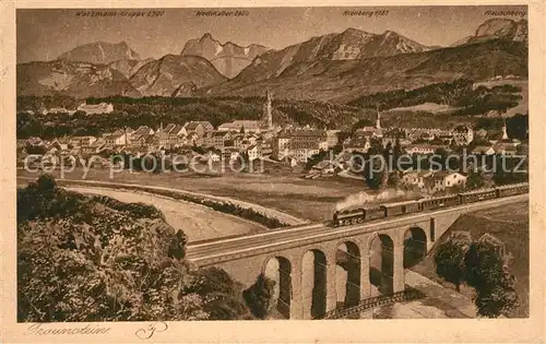 AK / Ansichtskarte Traunstein_Oberbayern Gesamtansicht mit Alpenpanorama Eisenbahnbruecke Dampflokomotive Kuenstlerkarte Traunstein_Oberbayern