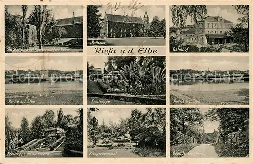 AK / Ansichtskarte Riesa_Sachsen Stadtpark Klostermuehlen Ruine Rathaus Bahnhof Freitreppe Elbe Kriegerdenkmal Brandenburgerweg Riesa Sachsen