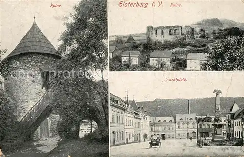 AK / Ansichtskarte Elsterberg_Vogtland Burg Ruine Turm Marktplatz Denkmal Elsterberg_Vogtland