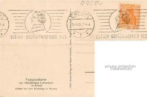 AK / Ansichtskarte Erfurt Augustinerkirche Lutherdenkmal Statue Festpostkarte 400jaehrige Luther Gedaechtnisfeier Erfurt