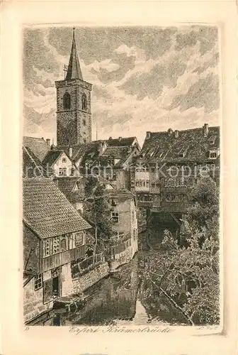 AK / Ansichtskarte Erfurt Kraemerbruecke Kirche Zeichnung Kuenstlerkarte Erfurt