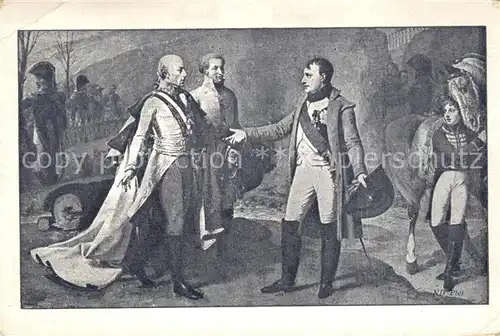 AK / Ansichtskarte Austerlitz_Slavkov_u_Brna Zusammenkunft Kaiser Franz I und Napoleon I nach der Schlacht bei Austerlitz Austerlitz_Slavkov_u_Brna