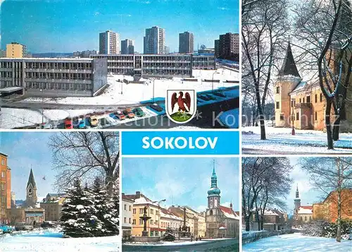 AK / Ansichtskarte Sokolov Kirchen und Neubauten im Winter Sokolov