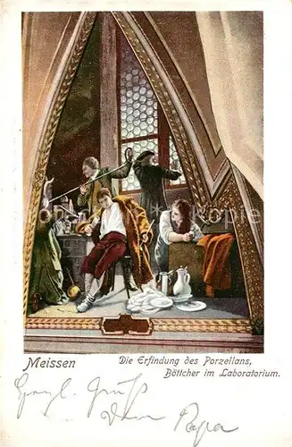 AK / Ansichtskarte Meissen_Elbe_Sachsen Die Erfindung des Porzellans Boettcher im Laboratorium Kuenstlerkarte Meissen_Elbe_Sachsen